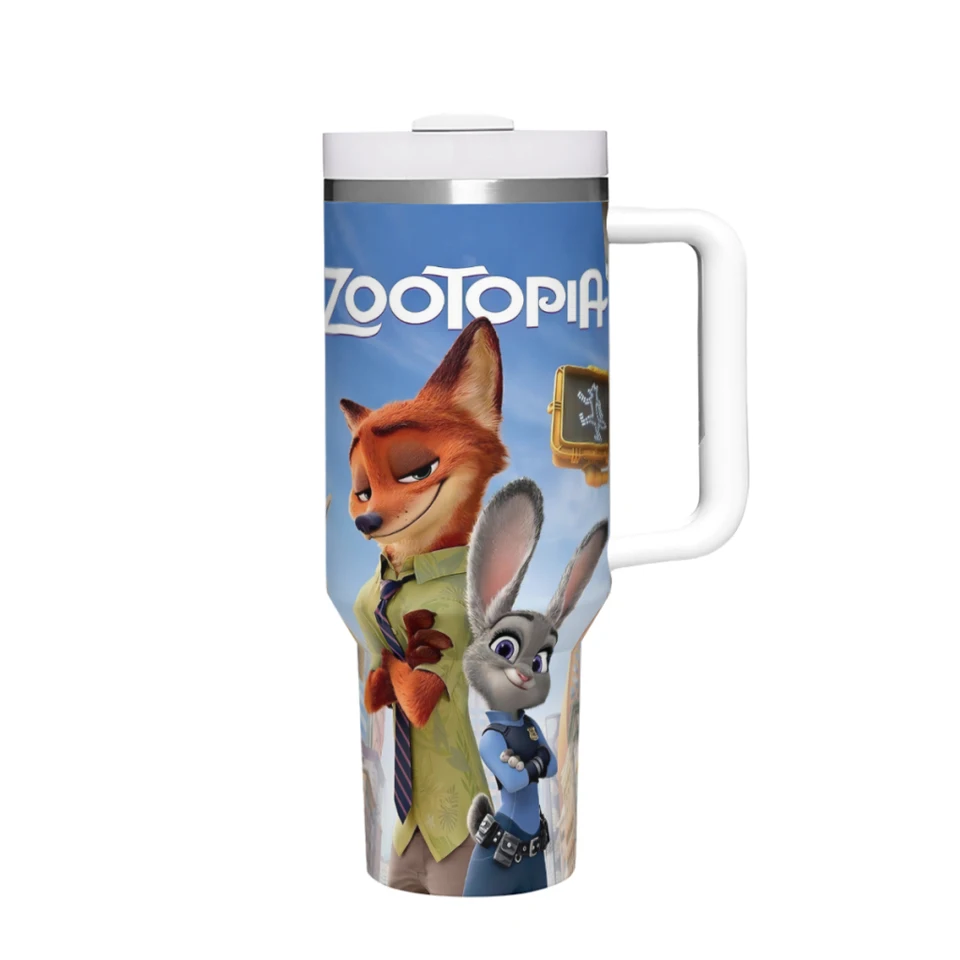 Roztomilý karikatúra Zootopia 40 oz Pumbler s rukoväťou a slamené veko z nehrdzavejúcej ocele Izolované poháriky