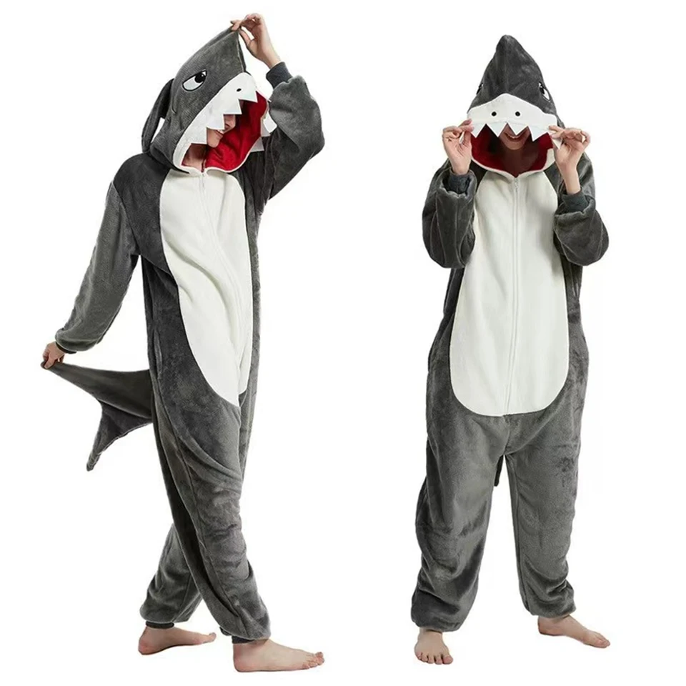 Roztomilý karikatúra žralok Pyžamy rodina Flanel Onesie Grey Blue Pink Halloween Kigurumi Animal Unisex Dospelý žralok s jednostupňovým pyžamom