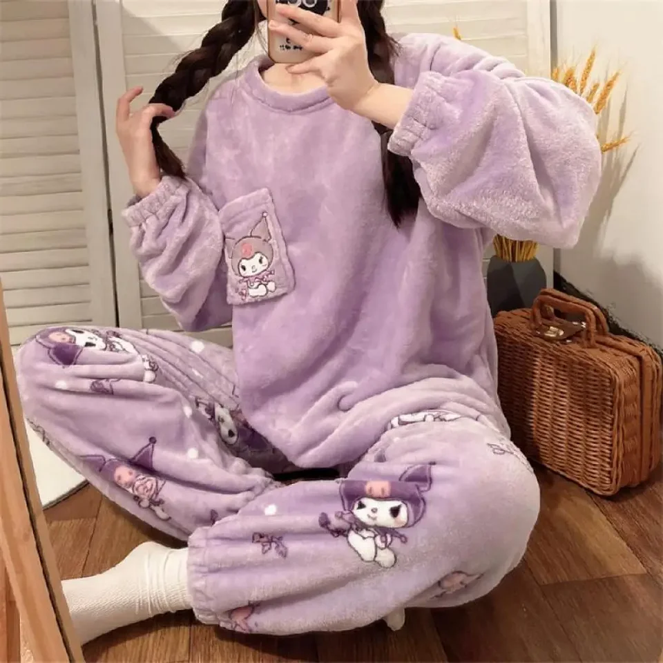 Roztomilý kawaii kuromi ženy plyšové pyžamy set cinnamoroll Hello Kitty sanrioed jesenné zimné domáce oblečenie Nové dievča zahustená karikatúra