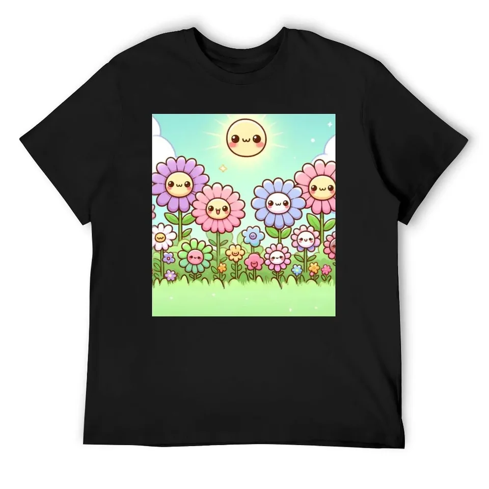 Roztomilý kawaii manga karikatúra Field Flower Flower kvety ružové žlté modré kvety Tričko Man Muž oblečenie vlastné tričko Men oblečenie