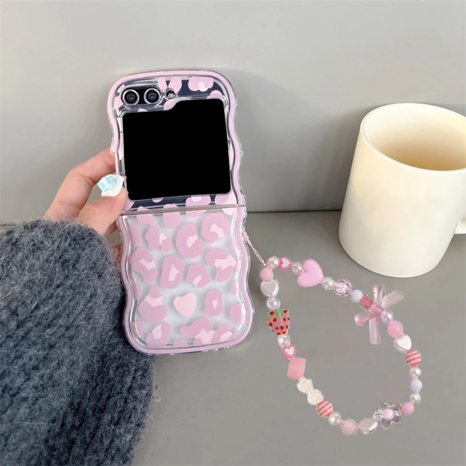 Roztomilý kawaii ružový leopardový tlačový náramok pre náramok pre náramok pre telefón pre Samsung Galaxy Z Flip 5 4 3 6 Luxury Wave Edge Soft Clear Cover