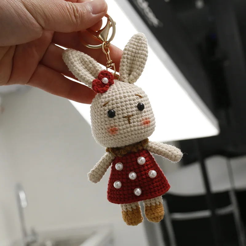 Roztomilý králikový háčkovaný háčkovanie Kľúčenky pre tašku Kreatívna ručná ručná ručná ruka Tkanina pletací keyrings karikatúra pletený králik prívesok