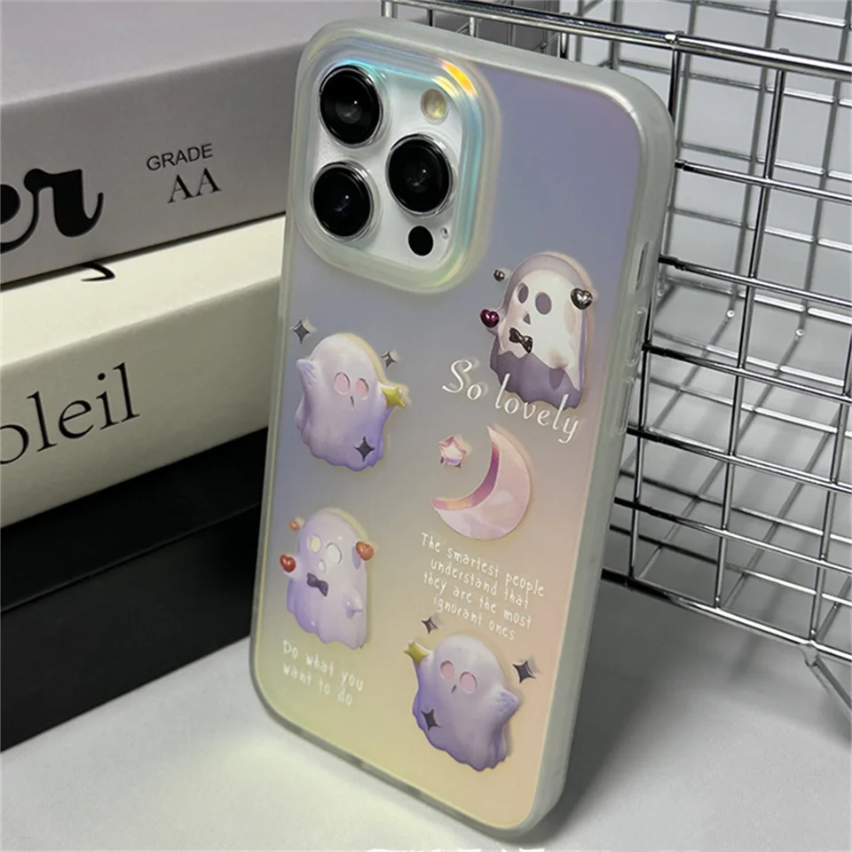 Roztomilý laserový karikatúra duchovné puzdro pre iPhone 15 13 14 12 11 Pro Max Plus x xs xr Creative Lovely Lovely Darček Mäkký silikónový zadný obal