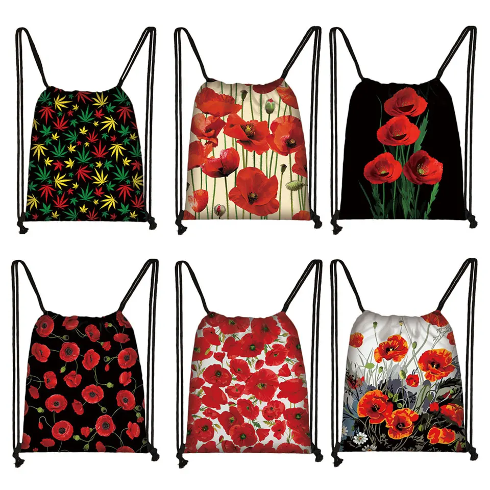 Roztomilý makový kvetinový výtlačok vrecko na dojčenie Dámske neformálne batoh vonkajšie plátno vrecká na rameno pre cestovné topánky držiak na úložné priestory