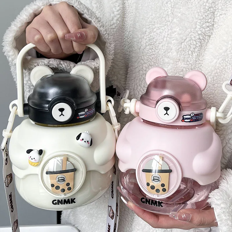 Roztomilý medvedí pohár kawaii karikatúra detské poháriky Športové pitie Straw Pumbler Prenosná veľká kapacita kanvica 1L fľaša na vodu pre dievčatá