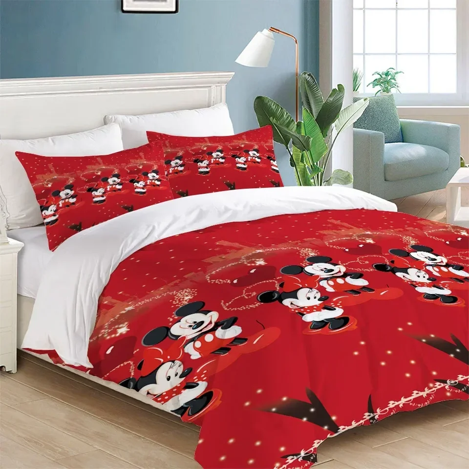 Roztomilý Mickey Minnie Mouse Bedding Sety Red Festive Svadobný pár Teen Duvet Cover Cover vankúš Pase pokrývky krytu domácej dekorácie