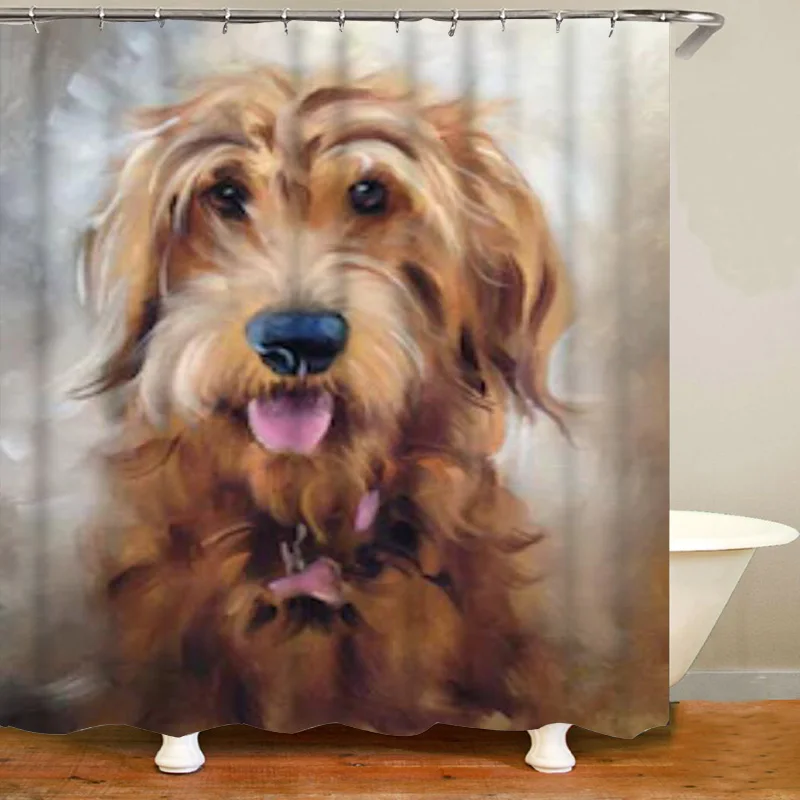 Roztomilý olejomaľba Zlatého psa Portrét sprchové závesy Kúpeľňa záclony Sada Zlatá Doodle Puppy Dog Patch Mat koberec Domáca dekorácia