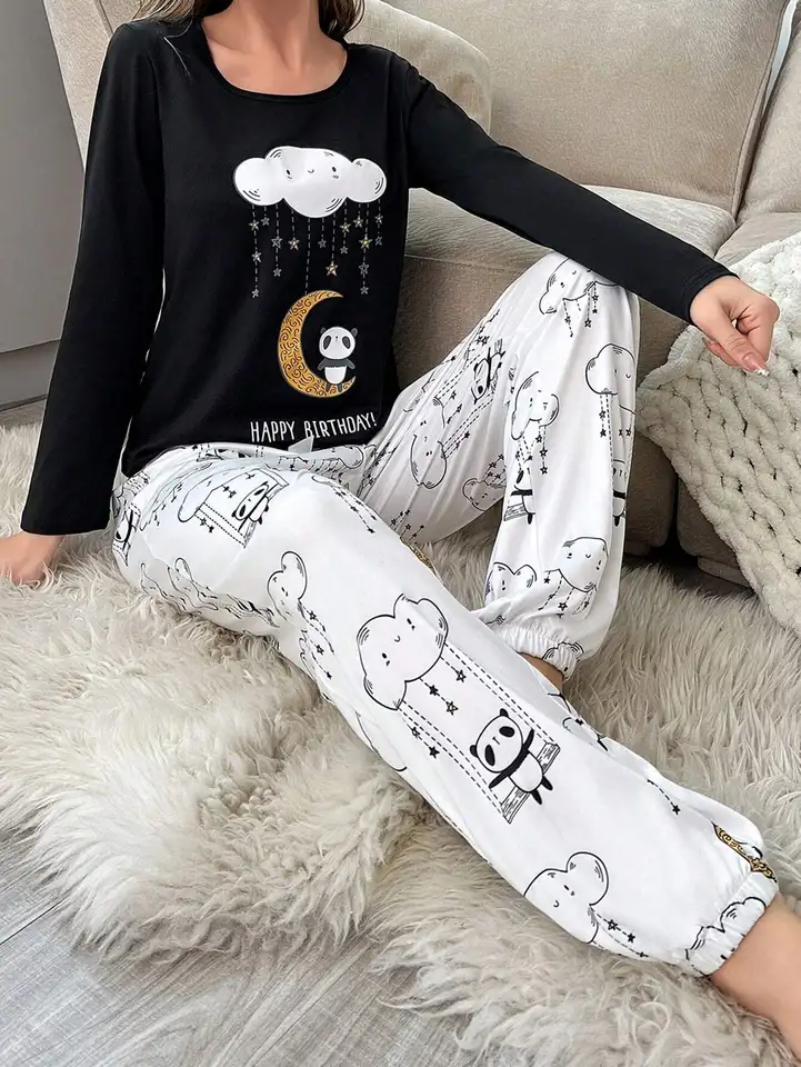Roztomilý panda a mesačný klamy Print Pajama set posádka s dlhým rukávom Krk a elastické bežecké dámske spánkové oblečenie