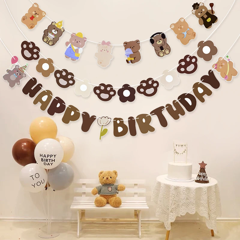 Roztomilý papier narodeniny Bunting Banner Bear Všetko najlepšie k narodeninám Banner visiaci girland deti narodeniny dekorácia bábätko