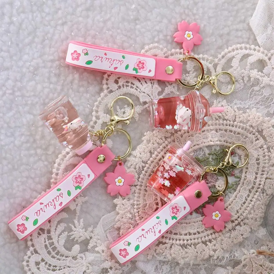 Roztomilý plávajúci vrecko Prestupný kvapalina kvapalina kvetu kvetí prsteň boba keychain kľúča kľúče kľúče králiky maklo