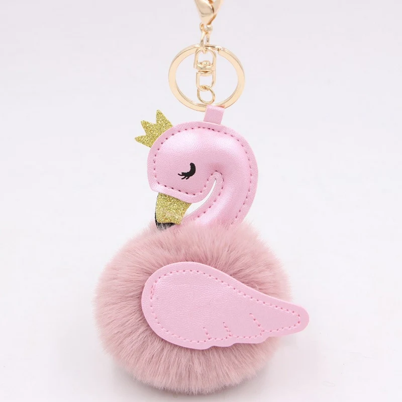 Roztomilý Pompom Pink Flamingo Keychain pre ženy Fluffy Rabbit Fur Fur Ball Swan Key retiazka na tašku automobil Droby