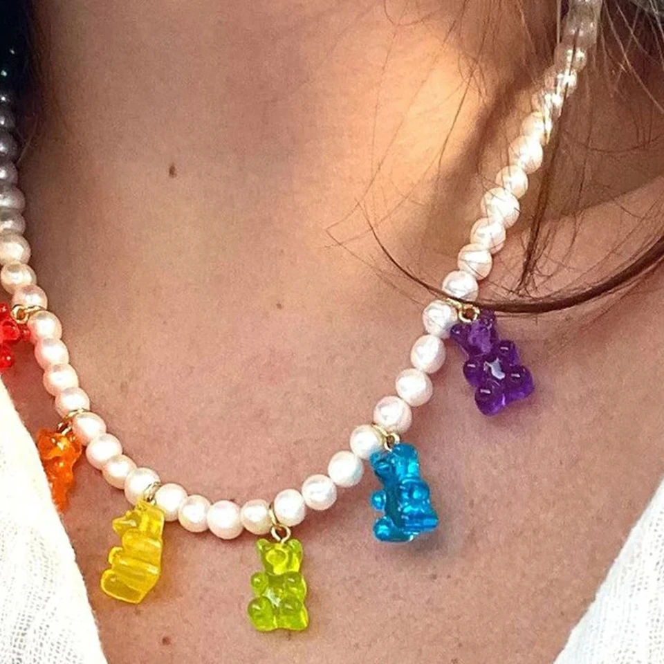 Roztomilý priehľadný gumový medveď zirkón prívesok perla náhrdelník šperky Ženy bieli imitácia perly medvede korálkové korálkové náhrdelníky