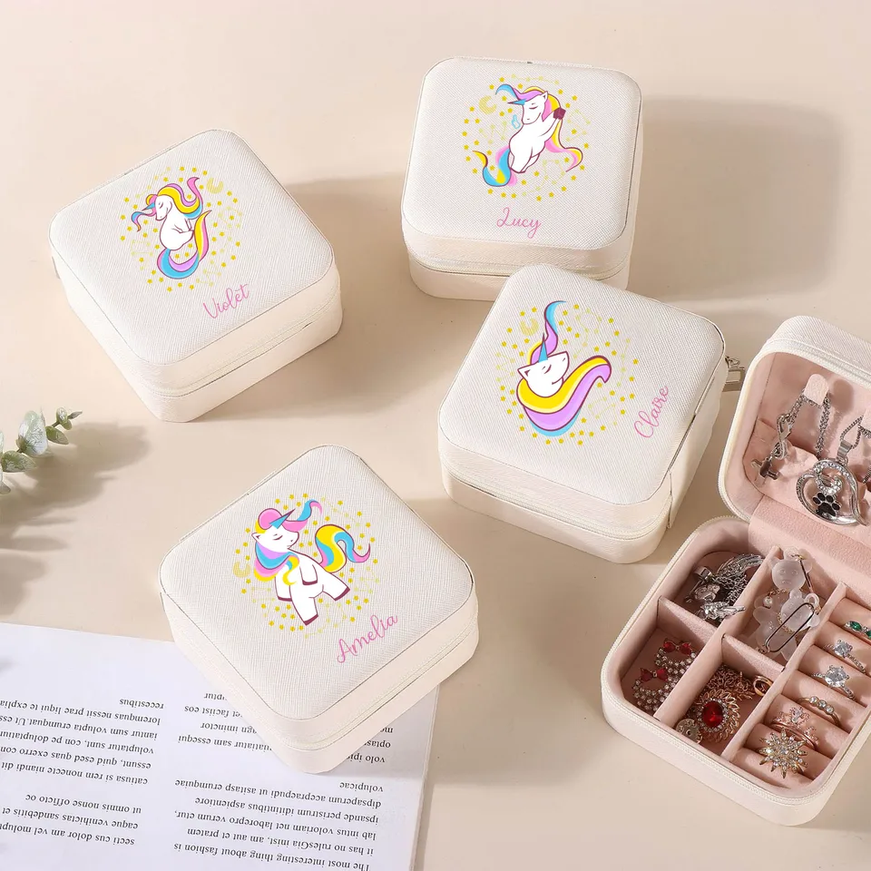 Roztomilý puzdro na cestovné šperky Unicorn, Prispôsobené meno, darček k narodeninám pre deti, Custom Flower Girl Gift