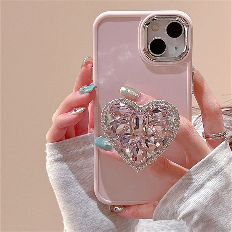 Roztomilý ružový diamant milostné srdce držiak na telefón pre iPhone 14 12 13 11 Pro Max Kórea Japan Japonsko Dievča jednoduchý stojan Soft silikónový kryt