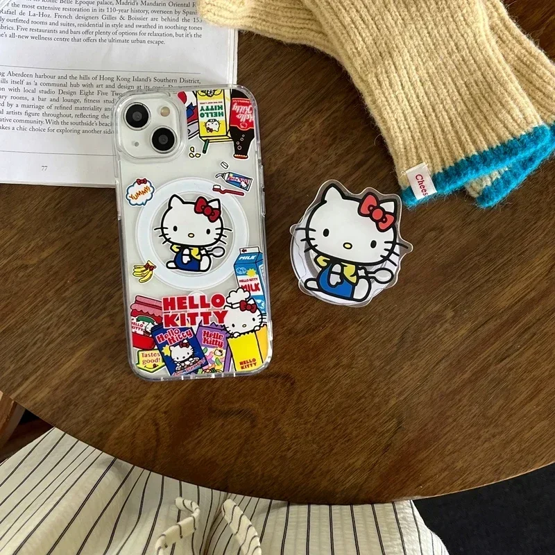 Roztomilý Sanrio Hello Kitty Magnetic Bracket Magsafe Wireless Carge Puzdet pre iPhone 16 15 14 13 12 11 Pro Max Chard Cover