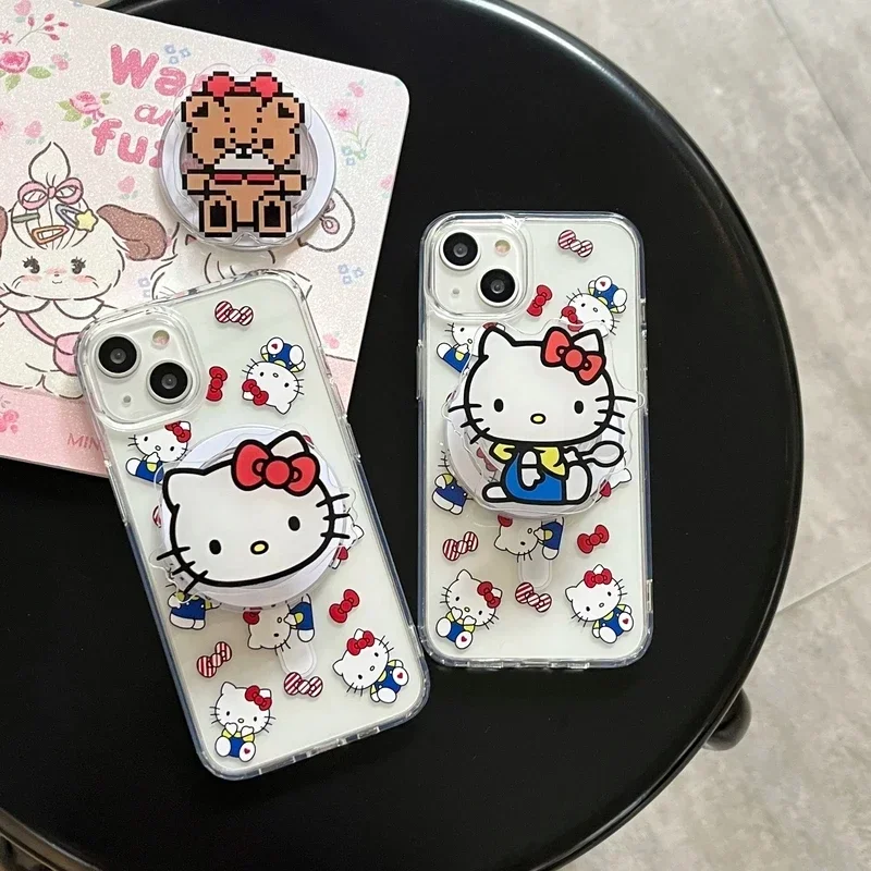 Roztomilý Sanrio Hello Kitty Magnetic Bracket Magsafe Wireless Carge Puzdro pre iPhone 16 15 14 13 12 11 Pro Max Hard Cover