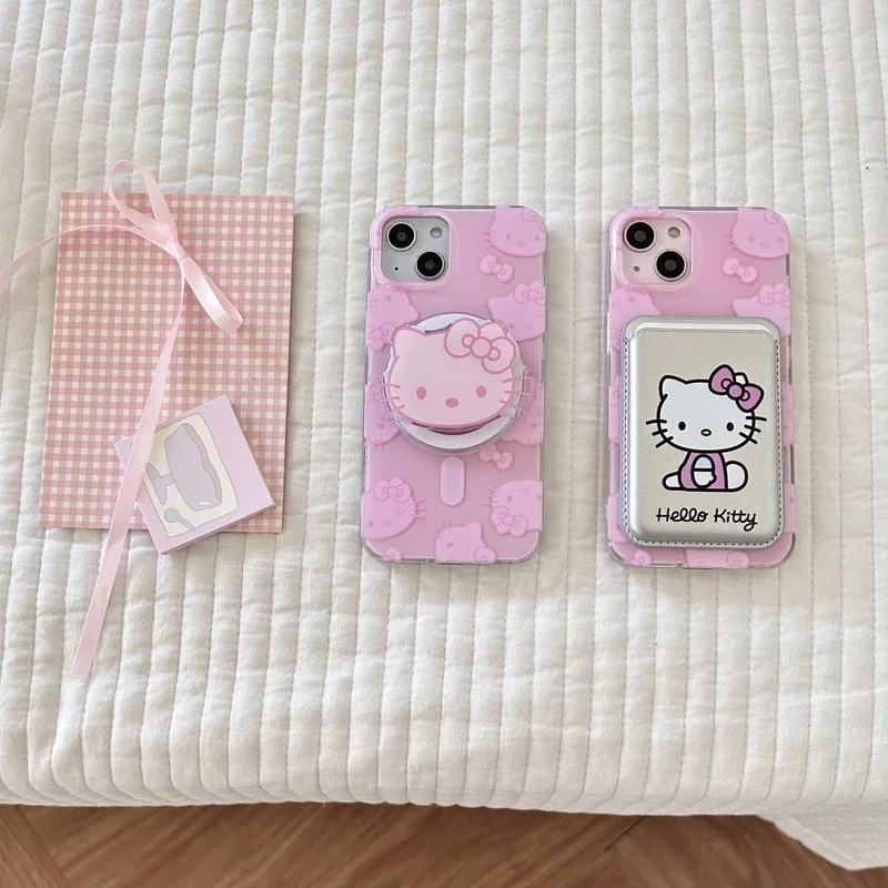 Roztomilý Sanrio Hello Kitty Magnetic Wallet Držiak MAGSAFE Wireless Cail Puzdet pre iPhone 15 14 13 12 11 Pro Max Hard Cover Cover