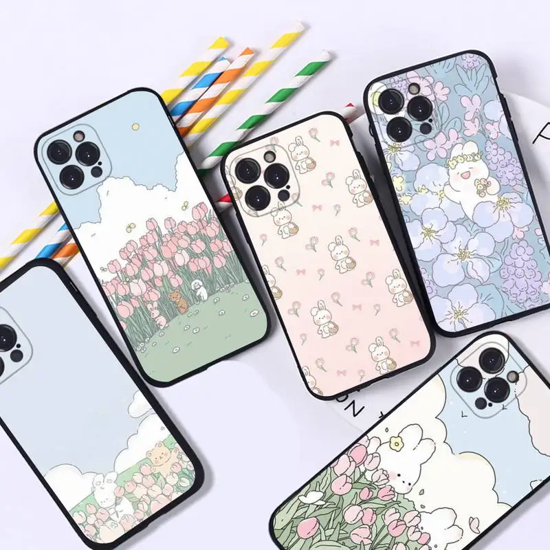 Roztomilý vtipný králik kvetinový telefón pre iPhone 8 7 6 6s Plus x SE 2020 XR XS 14 11 12 13 Mini Pro Max Mobile Case Case