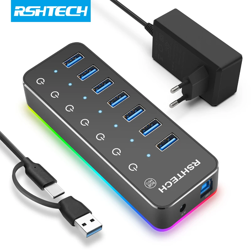 RSHTech 5 GBPS USB HUB so 14 režimami osvetlenia RGB 20W Power Adapter Individuálne prepínače USB 3.0 Dátový rozbočovač pre Mac a PC