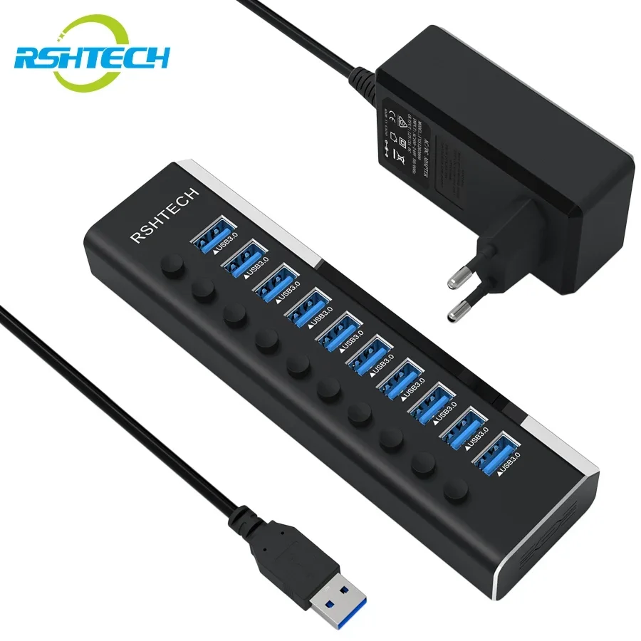 RSHTech USB HUB 10 Port 5 GBPS USB 3.0 Dátové náboje s 36W 12V/3A Power Adapter Individuálny spínač ONPONTY Spitter USB Splitter USB