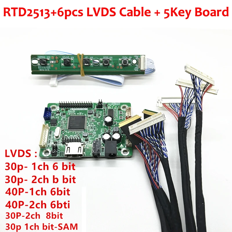 RTD2513V1.0 Mini LCD Driver Board HDMI to LVDS skokový lipont +6ks LVDS káblová súprava 30p 40p 1/2ch 6/8 bit s zvukovým jednotkou zadarmo
