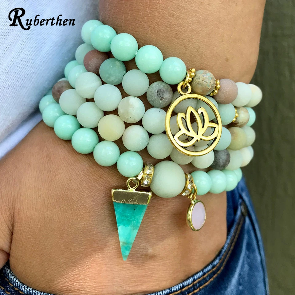 Ruberthen 6 mm Amazonite 108 Mala Náhrdelník Africký zelený jade mala korálky ružové kremene Pendant Charm Meditácia Budhistické šperky