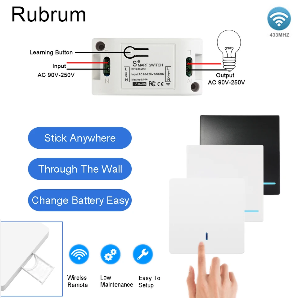 Rubrum 433MHz Smart Switch 1 2 3 Spínač svetla na stenu gombíka a AC 110V 220V RF Rely