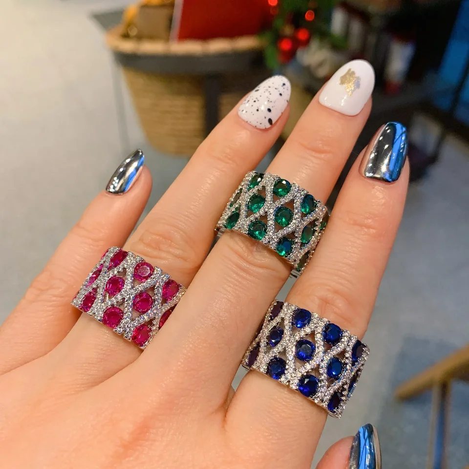Ruby Stone Blue Crystal Retro Dámske zásnubné prstene Sada šperkov Runes kubické zirkon módne svadobné výročie