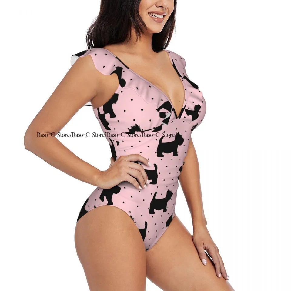 Rufle Women Sexy One Piece plavky plavky ženské roztomilé škótske teriérky na ružových polka bodky monokini plavky na plážové oblečenie