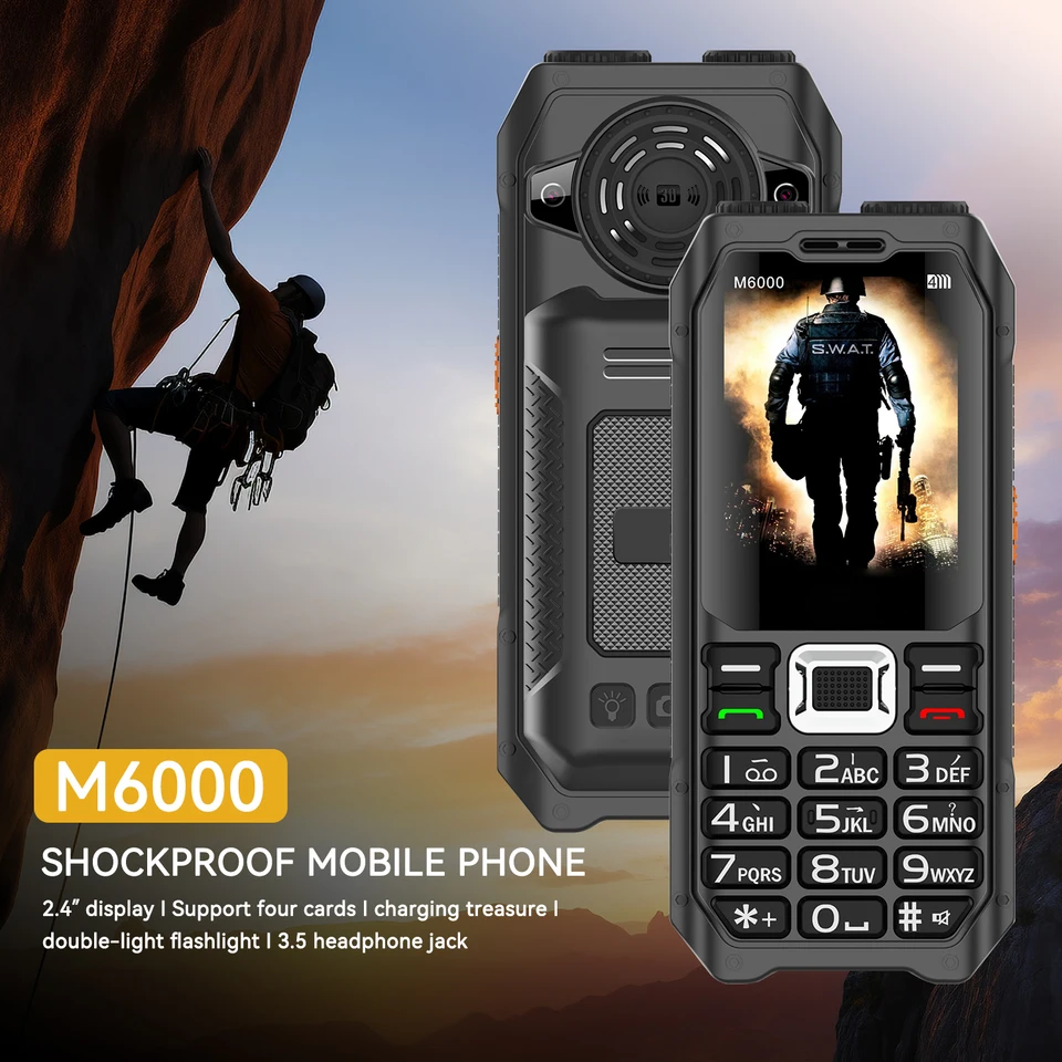 Rugged mobilný telefón M6000 GSM 2G Network 4 SIM karty Magic Voice 3,5 mm Jack 2.4 '' zobrazujte veľký mobilný telefón s klávesom pre starších ľudí
