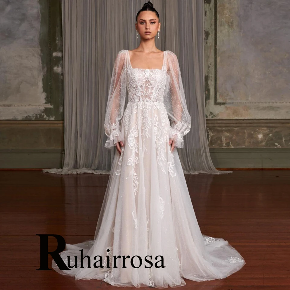 Ruhair nový v atraktívnych svadobných šatách pre ženské štvorcové aplikácie s dlhými rukávmi Tulle Vestido de Casamento Prispôsobené