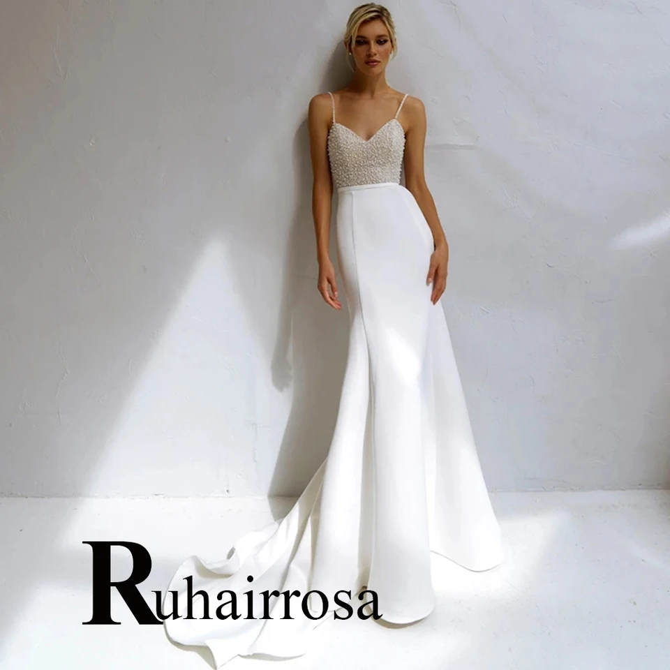 Ruhair Shinning Pobre Perl Svadobné šaty špagety remienok satiin korálky V-krk pre ženy robe de mariée formálne šaty