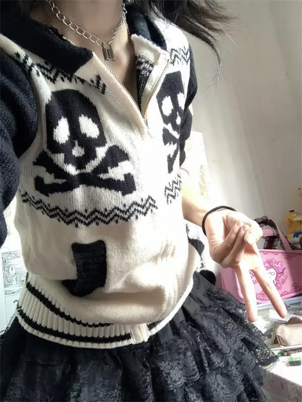 Ruibbit rock gotický skeletonový vzor subkultúry tmavého punku Halloween čierny biely zips pletený maskatý sveter bunda s kapucňou