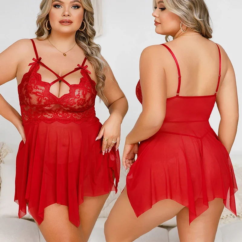 Rukáv bez rukávov plus dámska nočná košeľa Pasná farba Priehľadná dámska krátke šaty červená podprsenka s nohavičkami sexy pyžamy babydoll pyžamy