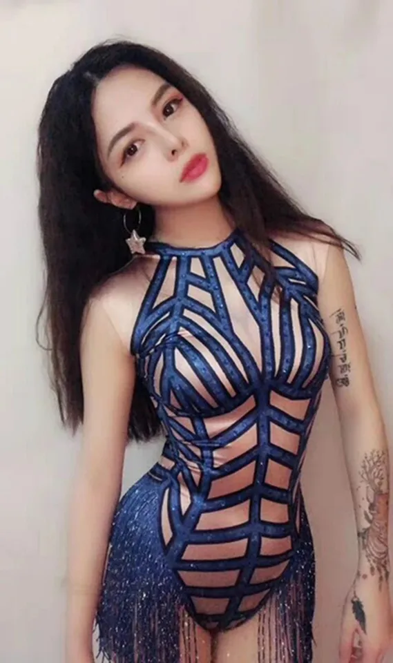Rukáv bez rukávov, veľké stretch Glisten kamienky strieborné strapce teassuit ženské párty prom bar outfit etapa ženská speváčka show Romper