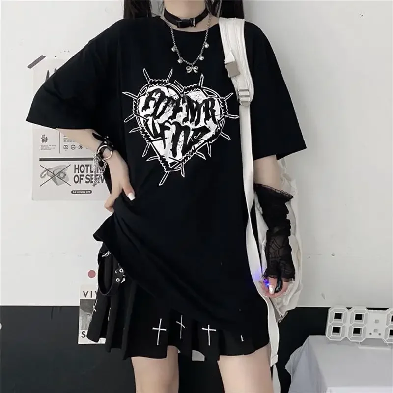 Rukáv O-krk voľné tričko Tops y2k módne goth vintage tlačové tričko 2000. rokov Ženy harajuku streetwear gothic emo alt krátke