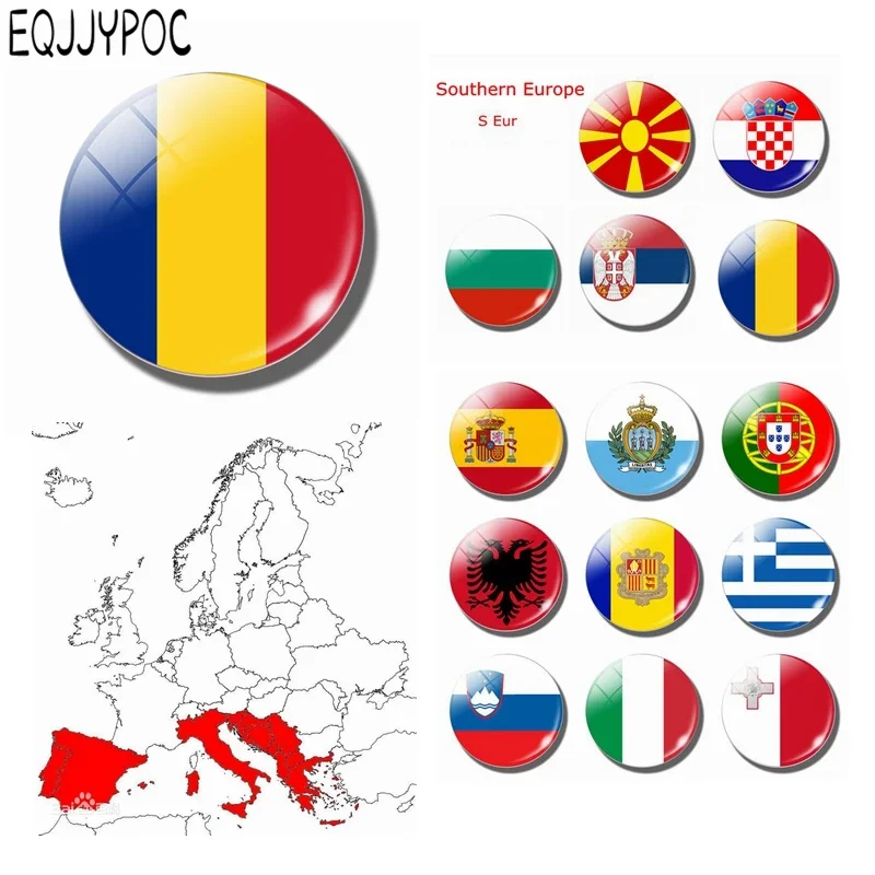 Rumunská vlajka 30 mm sklenená kupolová chladnička magnet južná Európa Bukureš Brasov Španielsko Bulharsko Taliansko Vatikánske nálepky