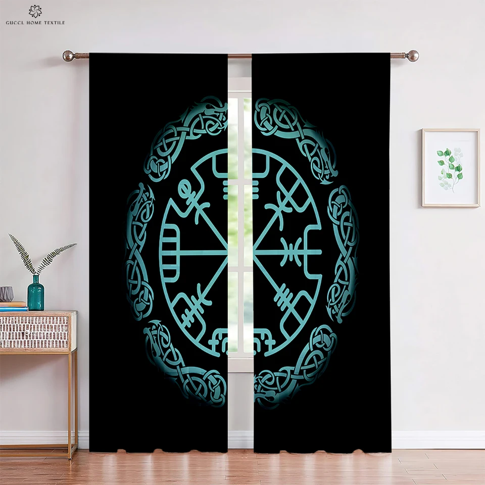 Rune Totem Vytlačené záclony, čierne záclony Viking, polyesterové vlákno, detská izba, obývacia izba, kuchyňa, vonkajšie dekoratívne