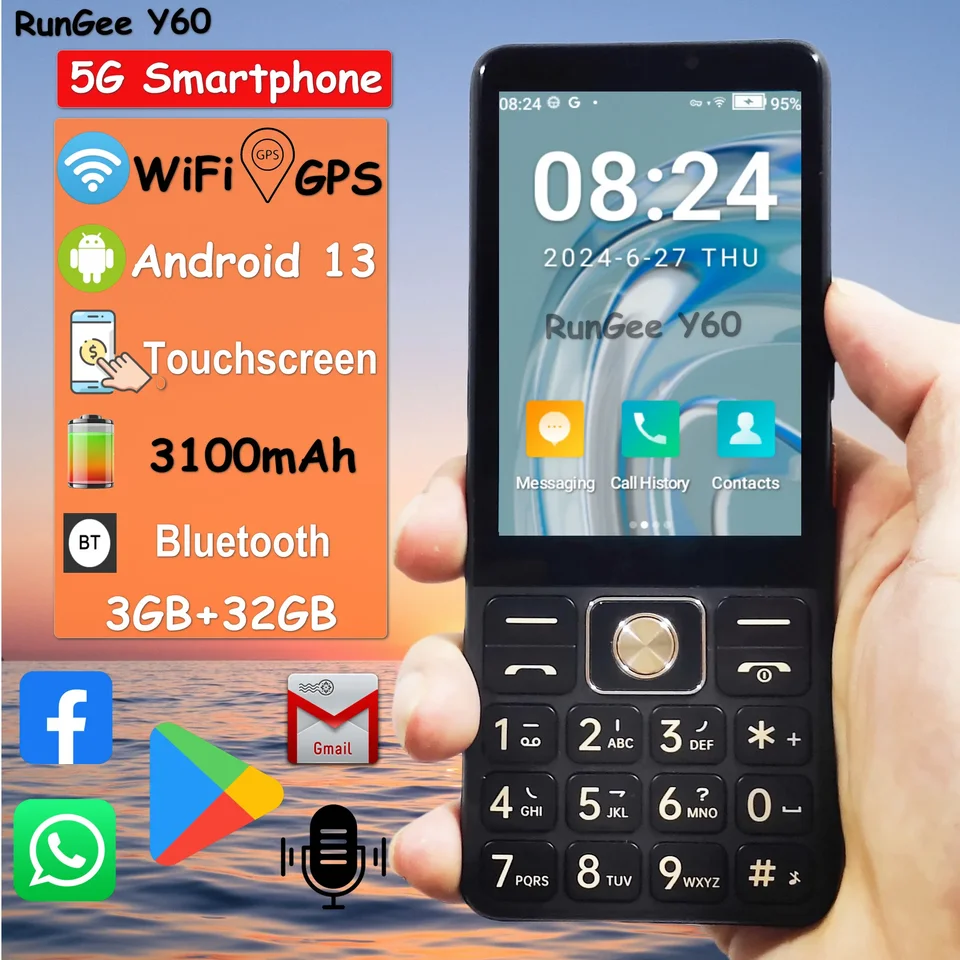 Rungee Y60 Zello 5G Smartphone Google Play Touch Screen Android 13 GPS WiFi 3GB RAM 32 GB ROM 3000 mAh Battery PTT Phone
