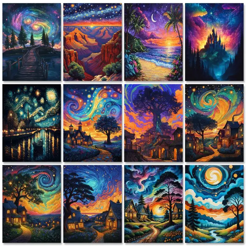 Ruopoty Frame Paint By čísla pre dospelých začiatočníci Sky Night Crafts Kreslenie podľa čísel krajinná stena umenie pre domáci dekor