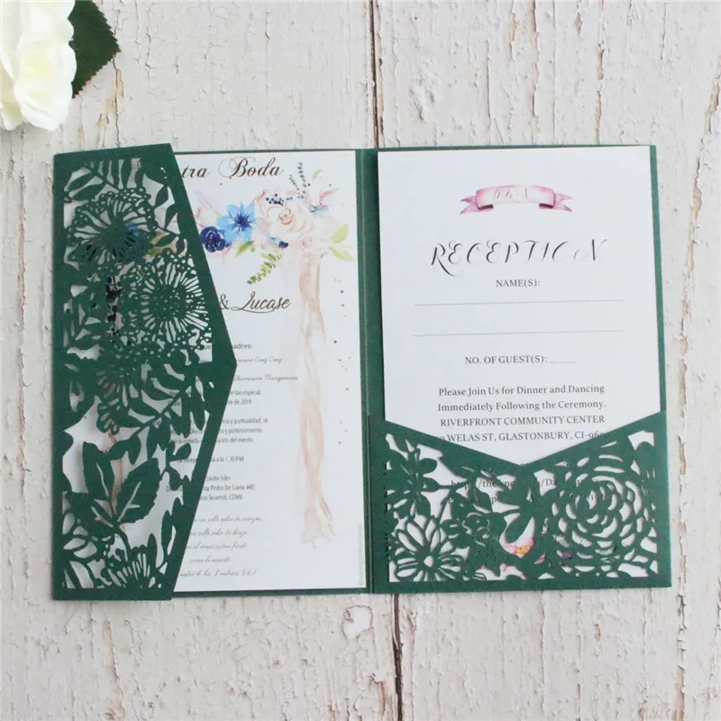 Rustikálne svadobné oznámenia Manželstvo quinceanera tmavo zelený kvetový kvet laser laser cutting na mieru tlačia