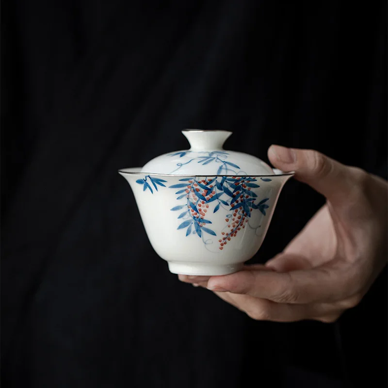 Ručne maľované vinice jade porcelán biely gaiwan pre čaj čajový šálka čínsky čajový misky Chawan čajová ceramónia sada Lily Deng