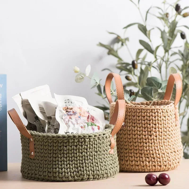 Ručne pletené kožené rukoväť Storage Basket Cotton Lan Woven Basket Storage Basket Desktop Kreatívne kvetinové koše