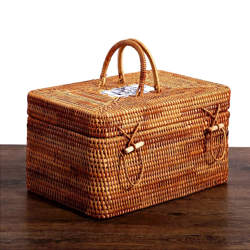 Ručne tkanina Rattan Storage Box s rukoväťou prútená čajová jedlá nádoba Piknik chlieb ovocný košík prenosný box kuchynský organizátor