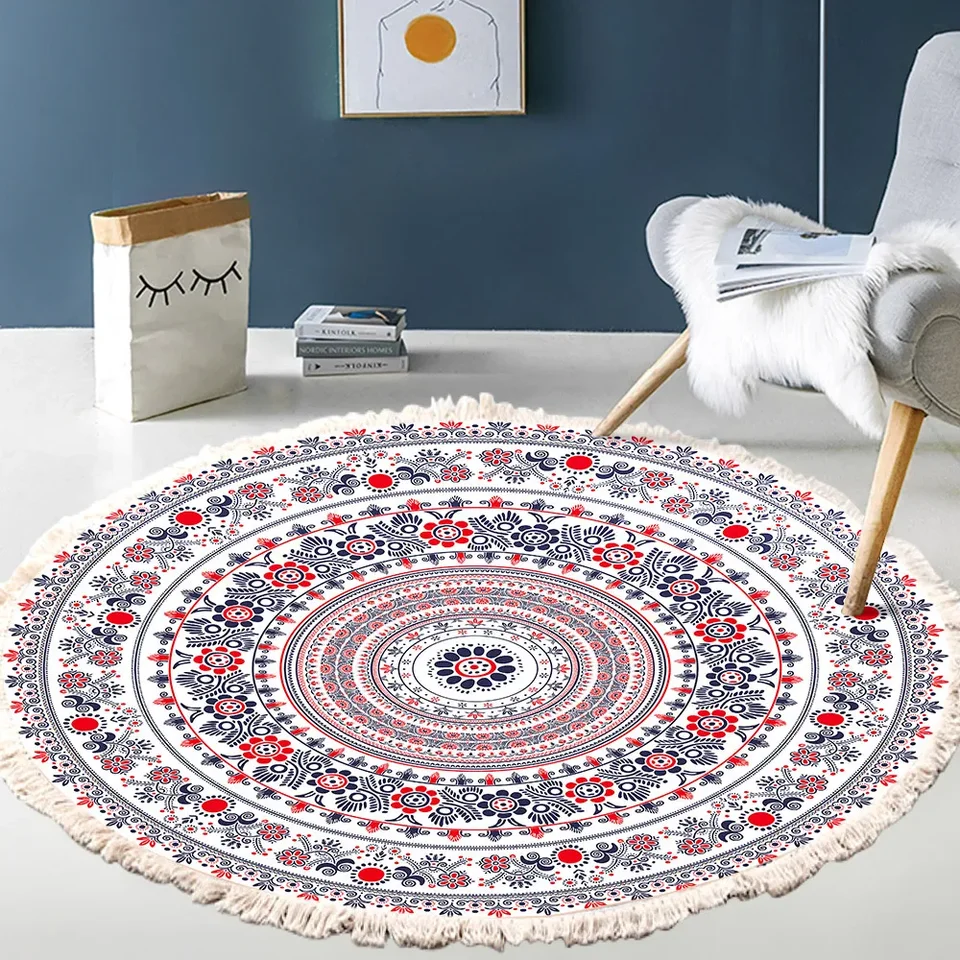 Ručne tkané bavlnené bielizeň koberec retro bohémsky okrúhly lôžko geometrická podlahová podlaha obývacia izba Domáca dekor boho mandala