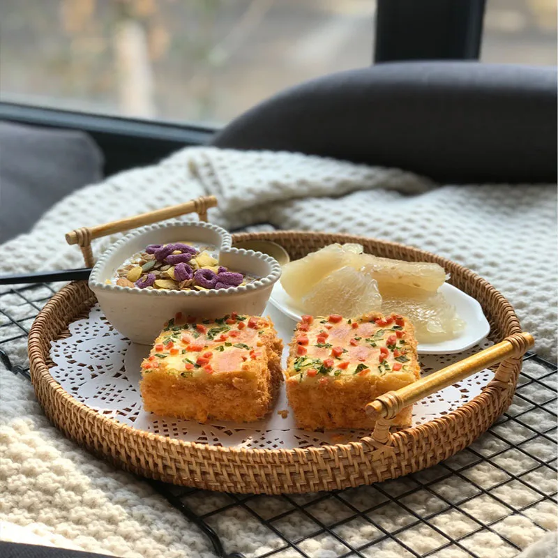 Ručne tkané okrúhle rattan kôš na chlieb Skladovací kôš ovocný čaj Snack chlieb piknik podnosný občerstvenie úložný box kuchynské zásoby kôš