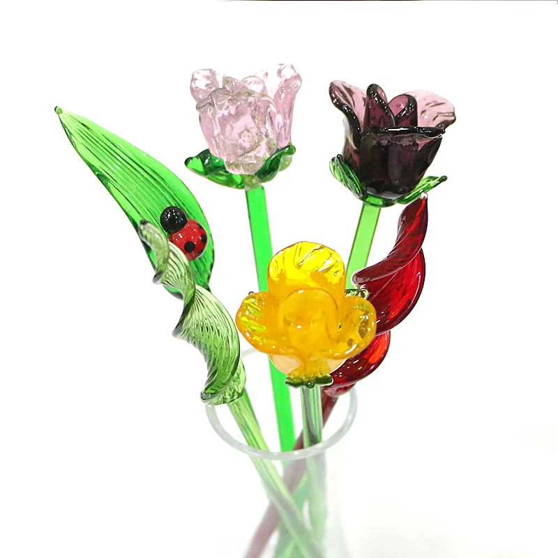 Ručne vyhodená dlhá rukoväť Murano Glass Rose Flower Art Figurín Svadobný valentínsky deň uprednostňuje darčeky stolové dekorácie