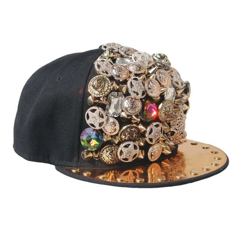 Ručne vyrobené luxusné hip hopové čiapky plochý klobúk Snapback Fancy Leopard Badge Nivet Baseball Cap Nightclub Dance Cap Trendy Ženy Men klobúk