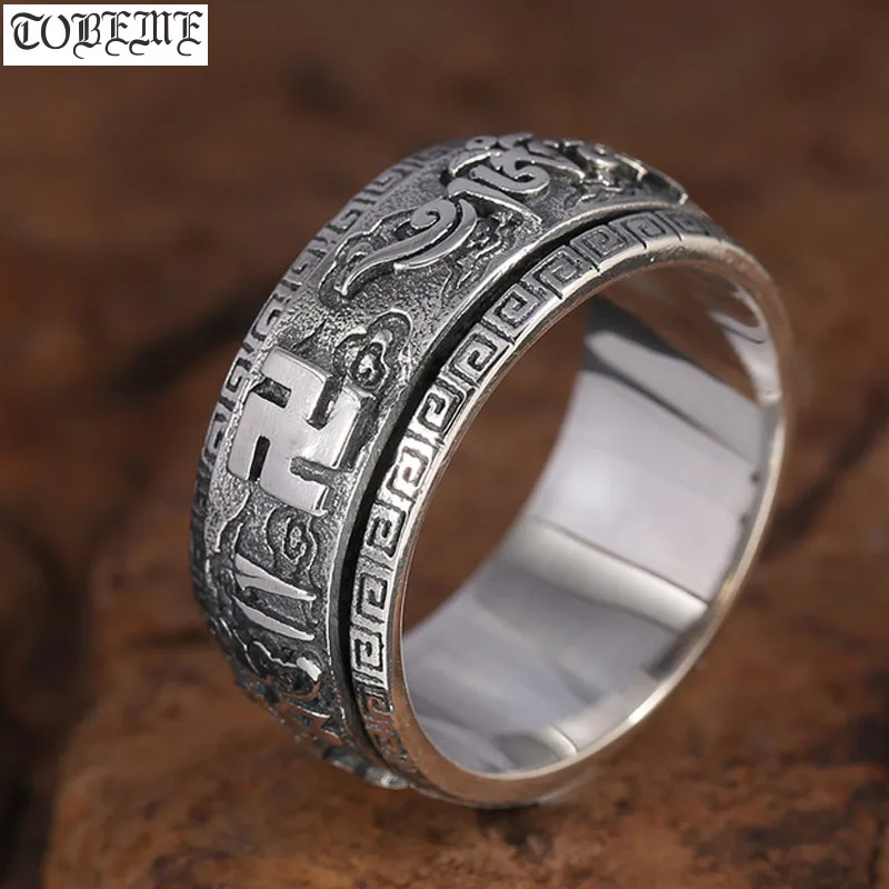 Ručne vyrobený 925 Strieborný tibetský prsteň Sterling Tibetan OM Mantra Turning Ring Budhistické slová Ring Tibetan veľa šťastia prsteň