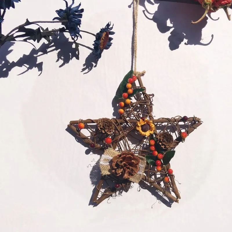 Ručne vyrobený DIY Rattan Veniec visiaci ornament Rattan Pentagram v tvare drevené slamky Domov záhrada vianočná večierok Dekorácia